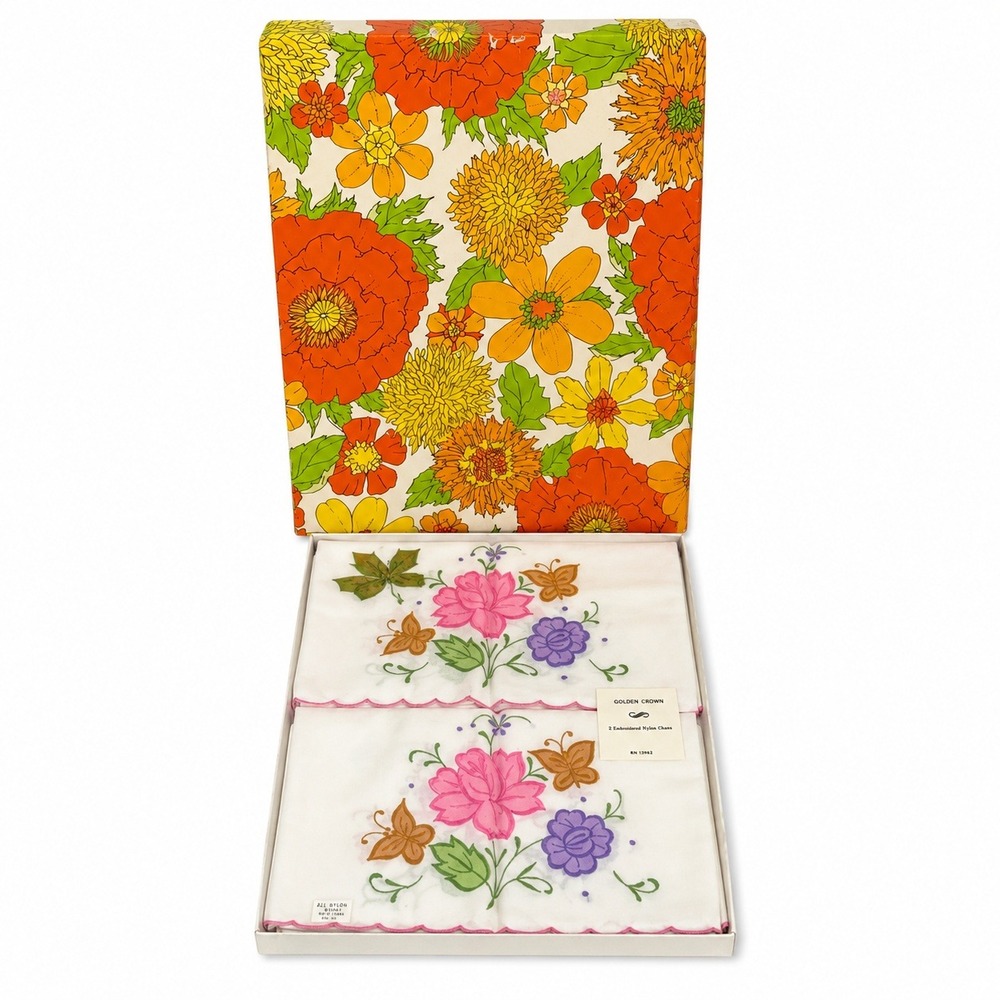 Golden Crown Standard 2pc Pillowcases Embroidered Floral Butterfly 70s Vtg Box